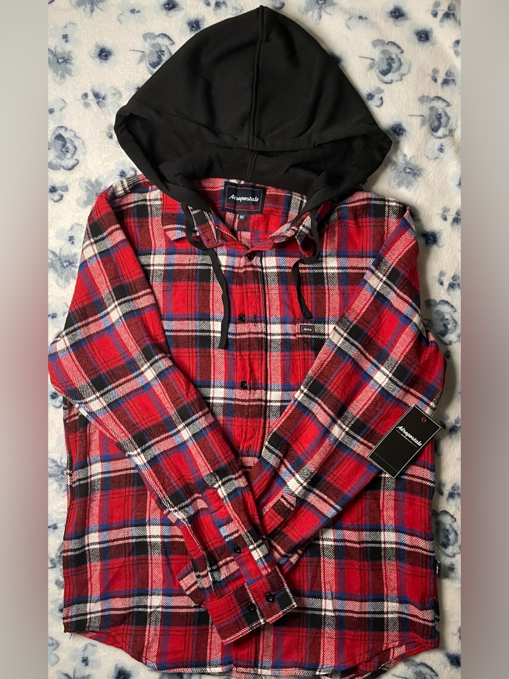 Aeropostale Men’s Red and Black Plaid Hooded Button-Down Shirt